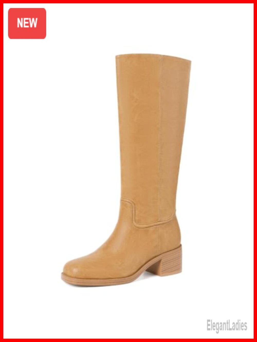 Faux Leather Knee High Boots Chunky Block Heel Square Toe Pull On